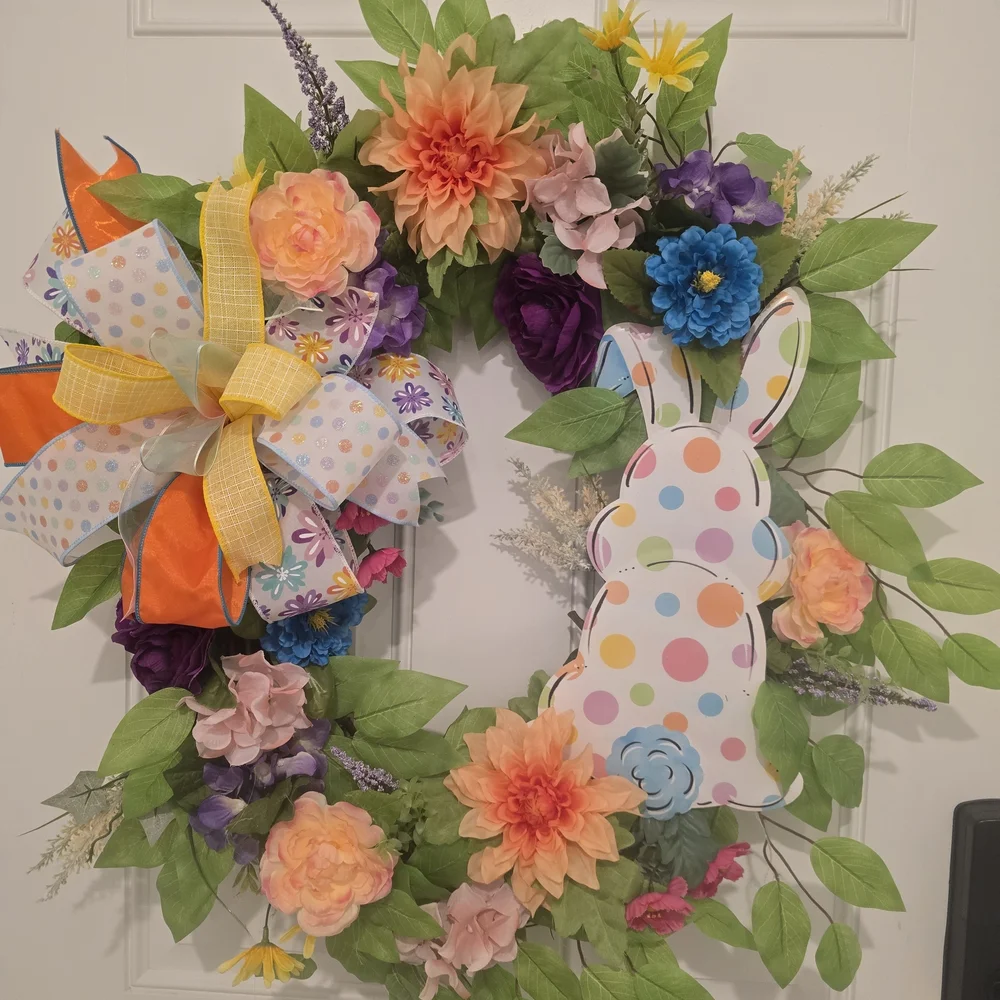 Colorful Floral Easter Wreath with Bunny
